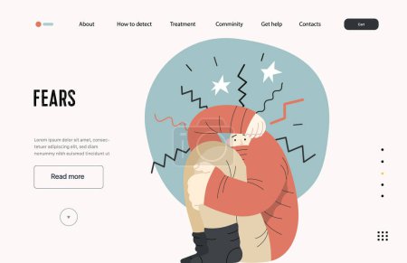 Téléchargez les illustrations : Mental disorders web template. Fears- modern flat vector illustration of woman dreading nervous, bracing herself meeting with stress experience. People emotional, psychological, mental traumas concept - en licence libre de droit