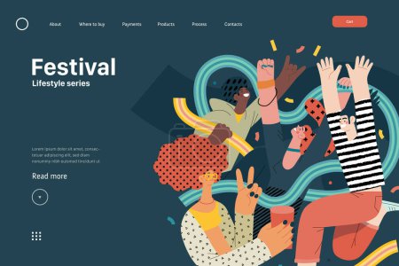 Illustration for Lifestyle web template - Festival - modern flat vector illustration of a man and a woman taking part in the rock musical festival. People activities concept - Royalty Free Image