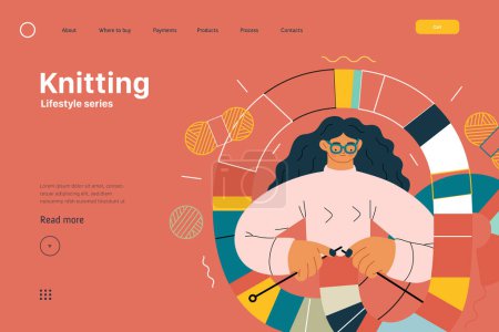 Illustration for Lifestyle web template - Knitting - modern flat vector illustration of a woman wearing glasses knitting a long striped scarf with knitting needles. People activities concept - Royalty Free Image