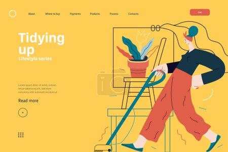 Illustration for Lifestyle web template - Tidying up, housekeeping - modern flat vector illustration of a woman cleaning the floor with a vacuum cleaner. People activities concept - Royalty Free Image