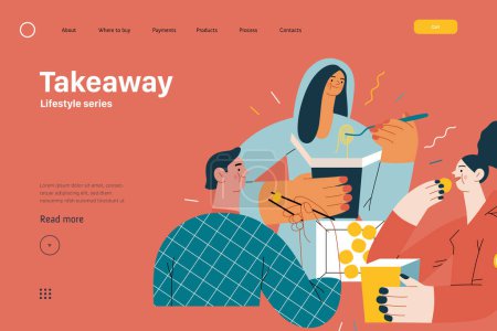 Illustration for Lifestyle web template - Takeaway - modern flat vector illustration of a group of friends eating takeaway food from boxes sitting at home. People activities concept - Royalty Free Image