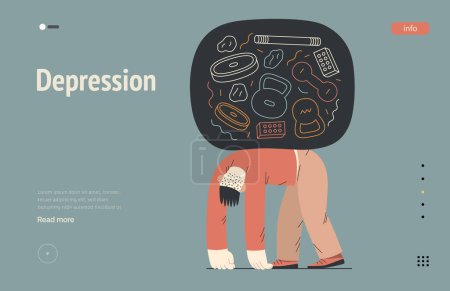 Téléchargez les illustrations : Mental disorders web template. Depression - modern flat vector illustration of tired man suffering under the weight of problems and obligations. People emotional, psychological, mental traumas concept - en licence libre de droit