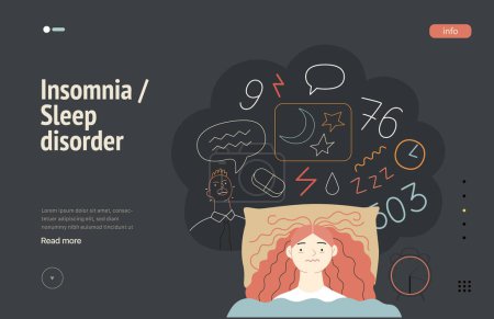 Illustration for Mental disorders web template. Insomnia, sleep disorder - modern flat vector illustration of a woman meeting with a sleep disorder trying to fall asleep. People emotional, psychological, mental - Royalty Free Image