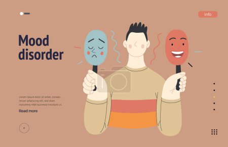 Téléchargez les illustrations : Mental disorders web template. Mood disorder - modern flat vector illustration of a man choosing between two mood extrems. People emotional, psychological, mental traumas concept - en licence libre de droit