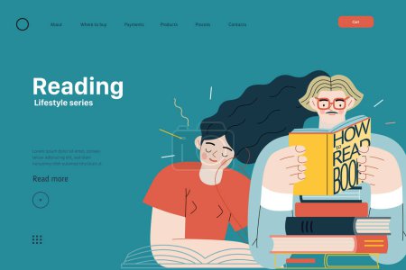 Illustration for Lifestyle web template - Reading - modern flat vector illustration of a man and a woman reading the books. People activities concept - Royalty Free Image