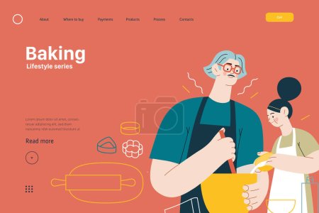 Illustration for Lifestyle web template -Baking -modern flat vector illustration of a man and a girl wearing aprons making dough baking cookies. The girl is pouring some milk into mixture. People activities concept - Royalty Free Image