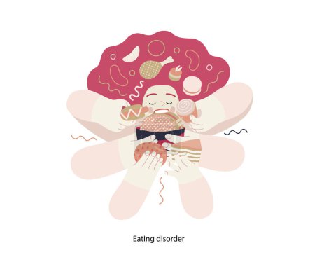 Illustration for Mental disorders illustration. Eating disorder - modern flat vector illustration of a woman stuffing herself meeting with a stress experience. People emotional, psychological, mental traumas concept - Royalty Free Image