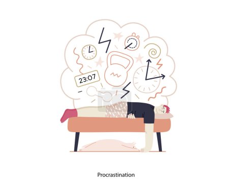 Illustration for Mental disorders illustration. Procrastination - modern flat vector illustration of man suffering under the weight of problems and obligations. People emotional, psychological, mental traumas concept - Royalty Free Image