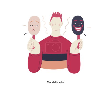 Illustration for Mental disorders illustration. Mood disorder - modern flat vector illustration of a man choosing between two mood extrems. People emotional, psychological, mental traumas concept - Royalty Free Image