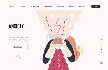 Ilustración de Mental disorders web template. Anxiety- modern flat vector illustration of a woman vomiting, meeting with a stress experience- burst, explosion. People emotional, psychological, mental traumas concept - Imagen libre de derechos