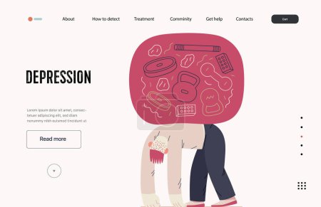 Illustration for Mental disorders web template. Depression - modern flat vector illustration of tired man suffering under the weight of problems and obligations. People emotional, psychological, mental traumas concept - Royalty Free Image