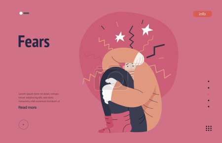Illustration for Mental disorders web template. Fears- modern flat vector illustration of woman dreading nervous, bracing herself meeting with stress experience. People emotional, psychological, mental traumas concept - Royalty Free Image