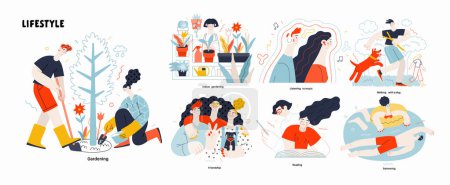 Illustration for Lifestyle series set - modern flat vector illustrations of people living their lives and engaging in a hobby. People society activities methapors and hobbies concept - Royalty Free Image
