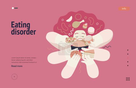 Illustration for Mental disorders web template. Eating disorder - modern flat vector illustration of a woman stuffing herself meeting with a stress experience. People emotional, psychological, mental traumas concept - Royalty Free Image