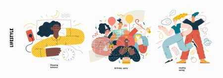 Illustration for Lifestyle series - modern flat vector illustration of Birthday party, Healthy eating, Sleeping behaviour. People activities and behaviour methapors and hobbies concept - Royalty Free Image