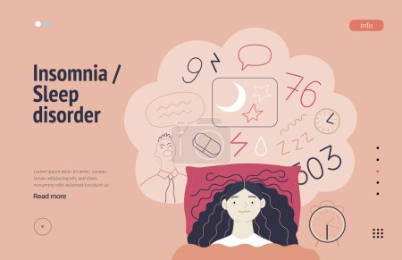 Illustration for Mental disorders web template. Insomnia, sleep disorder - modern flat vector illustration of a woman meeting with a sleep disorder trying to fall asleep. People emotional, psychological, mental - Royalty Free Image