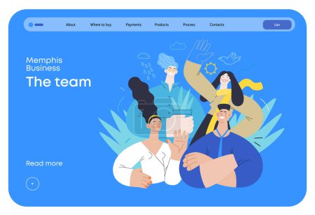 Illustration for Memphis business illustration - our team, header. Flat style modern outlined vector concept illustration. Group of people, creaw, standing together. Corporate teamwork business metaphor. - Royalty Free Image