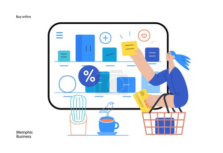 Illustration for Memphis business illustration. Buy online -modern flat vector concept illustration of a woman with a shopping cart choosing articles in a shop app. Commercial business sales metaphor. - Royalty Free Image