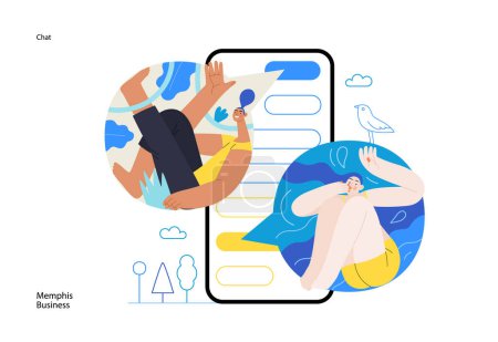 Illustration for Memphis business illustration. Chat -modern flat vector concept illustration of people chatting in a phone messenger app, conversation, relations. Commerce business sales metaphor. - Royalty Free Image