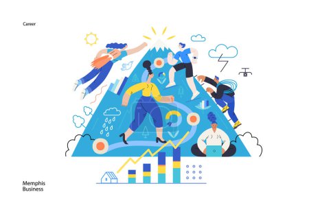Illustration for Memphis business illustration. Career-modern flat vector concept illustration of people climbing the mountain. Climbing up the career ladder process metaphor. Corporate business metaphor - Royalty Free Image