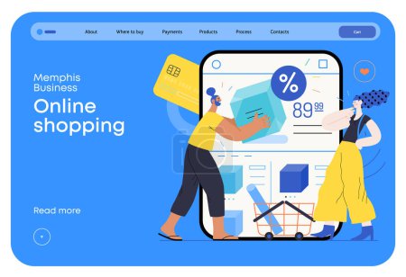 Illustration for Memphis business illustration. Online shopping -modern flat vector concept illustration of people with a shopping cart choosing articles in a shop app. Commercial business sales metaphor. - Royalty Free Image