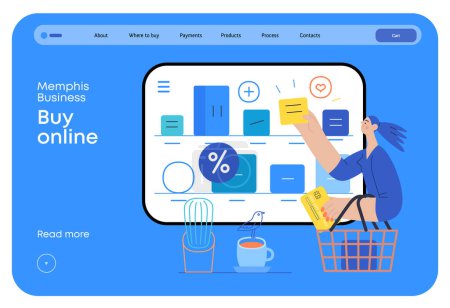 Illustration for Memphis business illustration. Buy online -modern flat vector concept illustration of a woman with a shopping cart choosing articles in a shop app. Commercial business sales metaphor. - Royalty Free Image