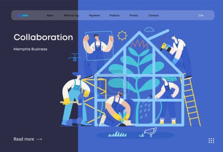Illustration for Memphis business illustration. Collaboration -modern flat vector concept illustration, team, people working together in greenhouse, constructing, watering, planting. Corporate teamwork metaphor. - Royalty Free Image