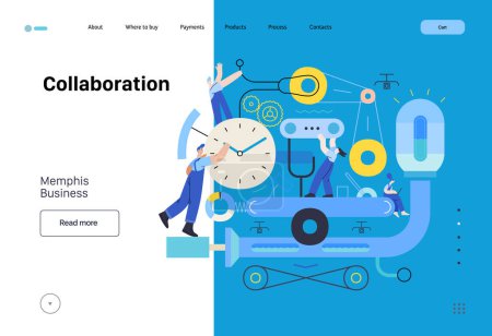 Illustration for Memphis business illustration. Collaboration -modern flat vector concept illustration of team, people working together on a product mechanism in a factory. Corporate teamwork metaphor. - Royalty Free Image