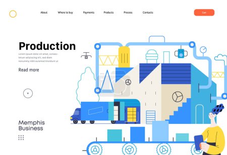 Illustration for Memphis business illustration. Production -modern flat vector concept illustration of a big factory, warehouse, loading the track, a woman inventorying production. Corporate process metaphor. - Royalty Free Image