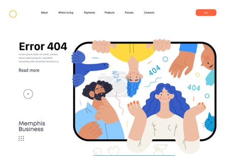 Memphis business illustration. Fehler 404 - moderne Darstellung des flachen Vektorkonzepts auf der Seite Fehler 404 - verwirrte Menschen auf dem Tablet-Bildschirm. Seite nicht gefunden Metapher. Vertriebskonzept für Unternehmen