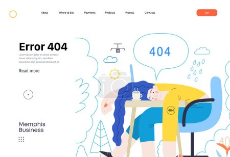 Memphis business illustration. Fehler 404 - modernes flaches Vektorkonzept Illustration der Seite Fehler 404 - hoffnungslose Frau am Schreibtisch. Seite nicht gefunden Metapher. Vertriebskonzept für Unternehmen