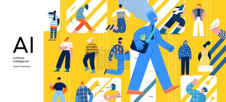 Artificial intelligence, AI and humanity -modern flat vector concept illustration of AI character walking among people in everyday life. Metaphor of AI advantage, benefit, friendliness concept