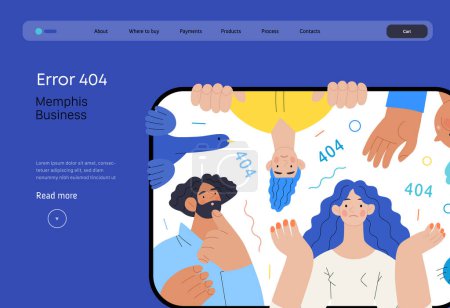 Memphis business illustration. Fehler 404 - moderne Darstellung des flachen Vektorkonzepts auf der Seite Fehler 404 - verwirrte Menschen auf dem Tablet-Bildschirm. Seite nicht gefunden Metapher. Vertriebskonzept für Unternehmen