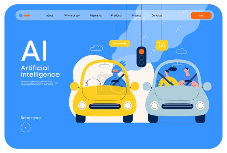 Illustration for Artificial intelligence, Driving -modern flat vector concept illustration of An artificial intelligence-controlled car. Metaphor of autonomous vehicle, AI superiority and dominance concept - Royalty Free Image