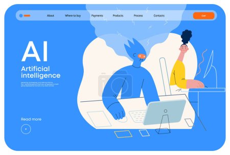 Illustration for Artificial intelligence, office work -modern flat vector concept illustration of AI effectively working at the desk and surprised human. Metaphor of AI advantage, superiority and dominance concept - Royalty Free Image