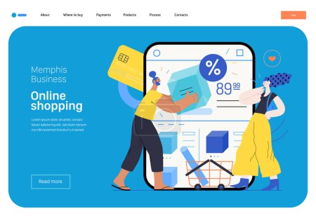 Memphis business illustration. Online shopping -modern flat vector concept illustration of people with a shopping cart choosing articles in a shop app. Commercial business sales metaphor.