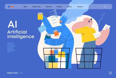 Illustration for Artificial intelligence, Shopping -modern flat vector concept illustration of AI effectively choosing groceries and man having difficultiy. Metaphor of AI advantage, superiority and dominance concept - Royalty Free Image