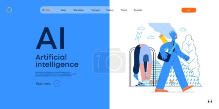 Photo for Artificial intelligence illustration. Job -modern flat vector concept illustration -AI going to work instead of human, upset woman stays home. AI metaphor, advantage, superiority and dominance concept - Royalty Free Image