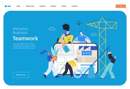 Photo for Memphis business illustration. Teamwork -modern flat vector concept illustration of people working together, building a company website, collaboration concept. Commerce business sales metaphor. - Royalty Free Image