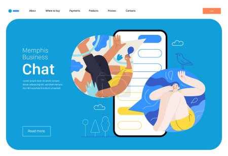 Illustration for Memphis business illustration. Chat -modern flat vector concept illustration of people chatting in a phone messenger app, conversation, relations. Commerce business sales metaphor. - Royalty Free Image