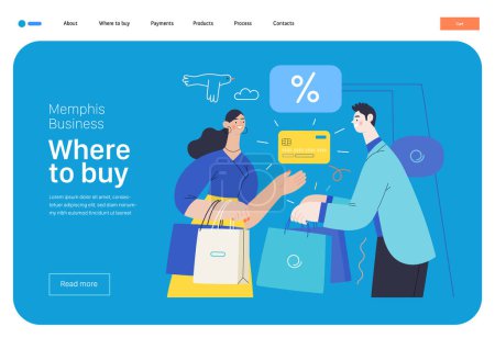 Illustration for Memphis business illustration. Where to buy -modern flat vector concept illustration of a woman paying with her credit card for purchase to a consultant in a shop. Commerce business sales metaphor. - Royalty Free Image