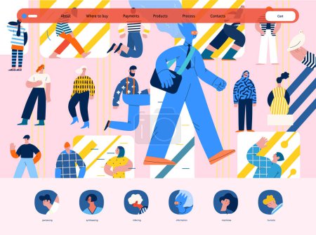 Illustration for Artificial intelligence, AI and humanity -modern flat vector concept illustration of AI character walking among people in everyday life. Metaphor of AI advantage, benefit, friendliness concept - Royalty Free Image