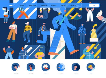 Illustration for Artificial intelligence, AI and humanity -modern flat vector concept illustration of AI character walking among people in everyday life. Metaphor of AI advantage, benefit, friendliness concept - Royalty Free Image