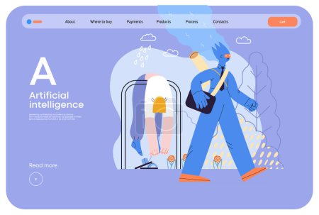 Illustration for Artificial intelligence illustration. Job -modern flat vector concept illustration -AI going to work instead of human, upset woman stays home. AI metaphor, advantage, superiority and dominance concept - Royalty Free Image