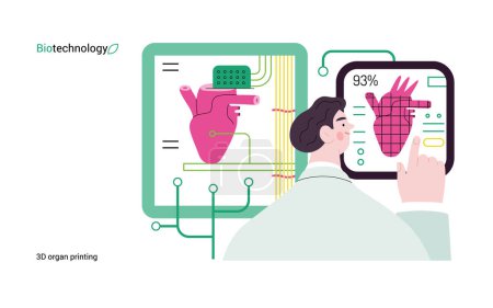Ilustración de Bio Tecnología, impresión de órganos 3D moderno concepto de vector plano ilustración de impresora 3D creando un corazón humano. Metáfora de la tecnología en el trasplante de órganos y el futuro de la medicina regenerativa - Imagen libre de derechos