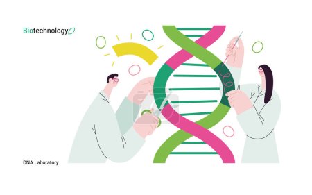 Ilustración de Bio Technology, DNA Laboratory-modern vector concept illustration of scientists dissecing DNA double helix, manipulating and rearranging fragments. Metáfora de los avances en la agricultura, la medicina - Imagen libre de derechos