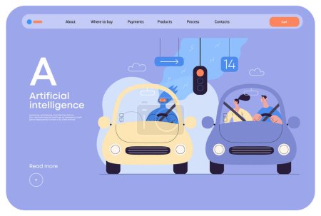 Illustration for Artificial intelligence, Driving -modern flat vector concept illustration of An artificial intelligence-controlled car. Metaphor of autonomous vehicle, AI superiority and dominance concept - Royalty Free Image