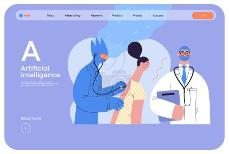 Illustration for Artificial intelligence, Medicine -modern flat vector concept illustration of AI auscultating patient with stethoscope. Human doctor nearby. Metaphor of AI advantage, superiority and dominance concept - Royalty Free Image
