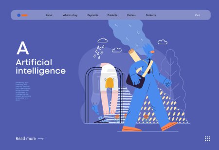 Illustration for Artificial intelligence illustration. Job -modern flat vector concept illustration -AI going to work instead of human, upset woman stays home. AI metaphor, advantage, superiority and dominance concept - Royalty Free Image