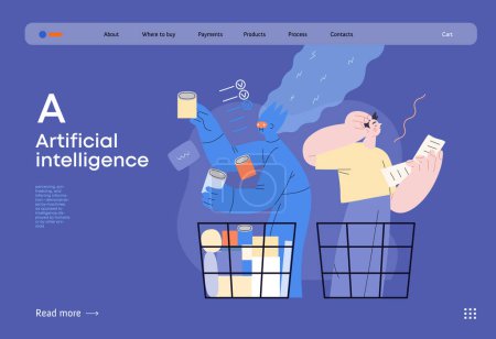 Illustration for Artificial intelligence, Shopping -modern flat vector concept illustration of AI effectively choosing groceries and man having difficultiy. Metaphor of AI advantage, superiority and dominance concept - Royalty Free Image